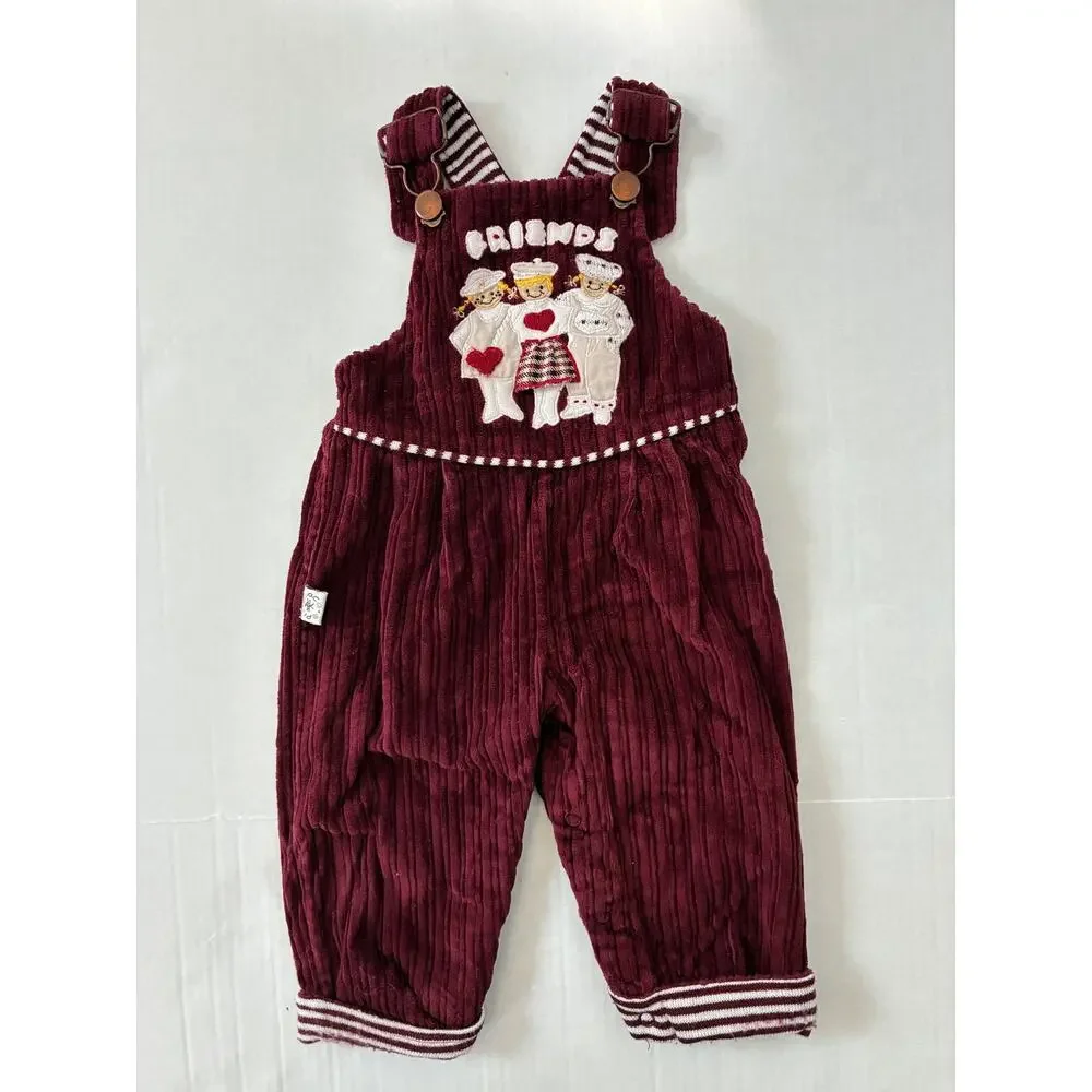 Corduroy Bib Overalls Burgundy Friends Applique Striped Knit Cuffs Snap Crotch